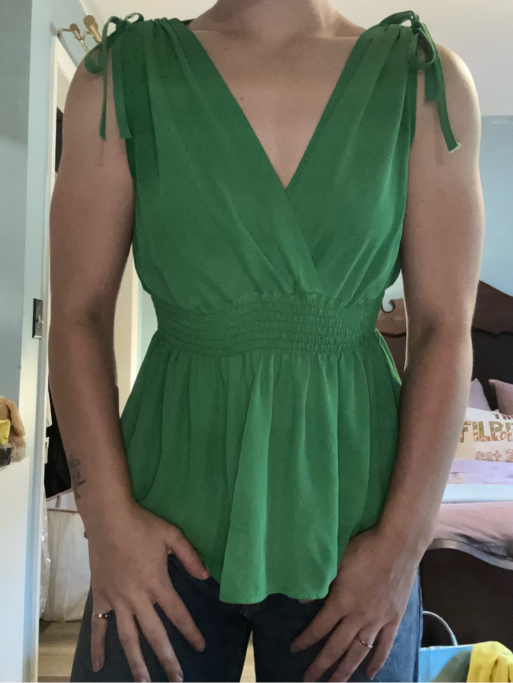 Green V-Neck Tie-Shoulder Peplum Top